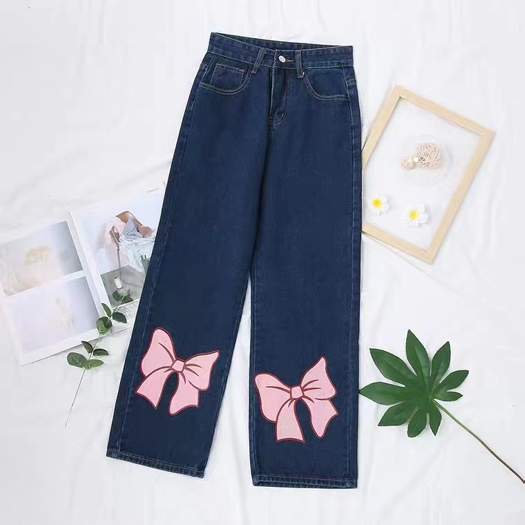 Butterfly Jeans, Loose, High Waist Straight Leg Trousers, Student Denim Trousers