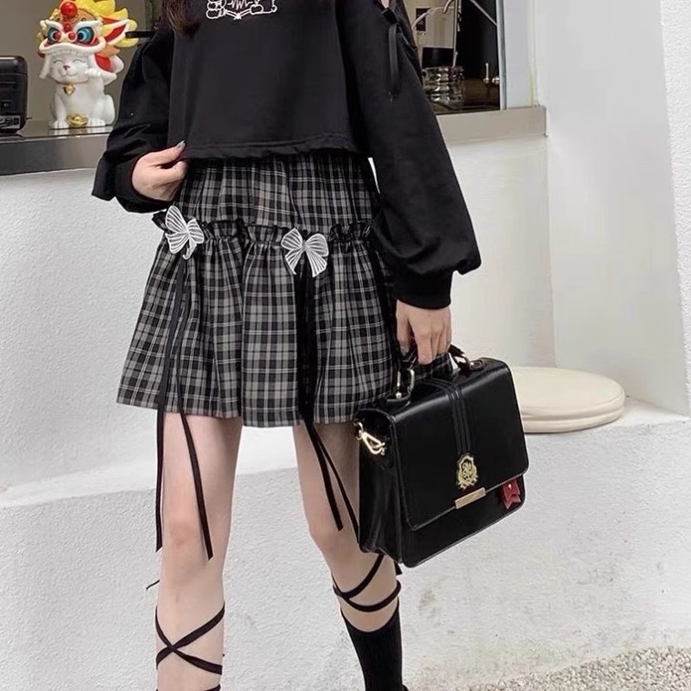 Black Plaid Skirt, Students-loose Cute Cake Lace Skirt With Bowknot