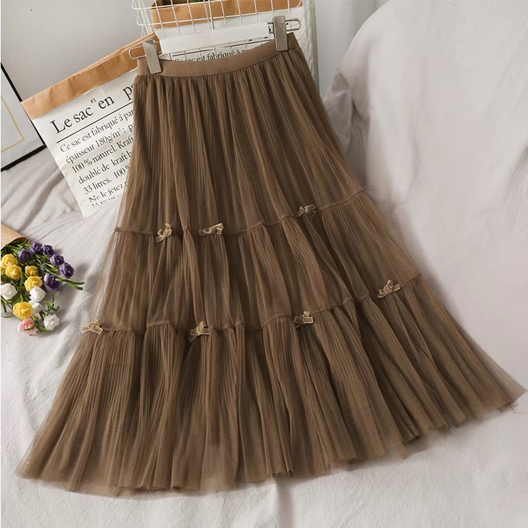 Super fairy bow decoration, splicing A-line skirt, sweet high waist tulle skirt