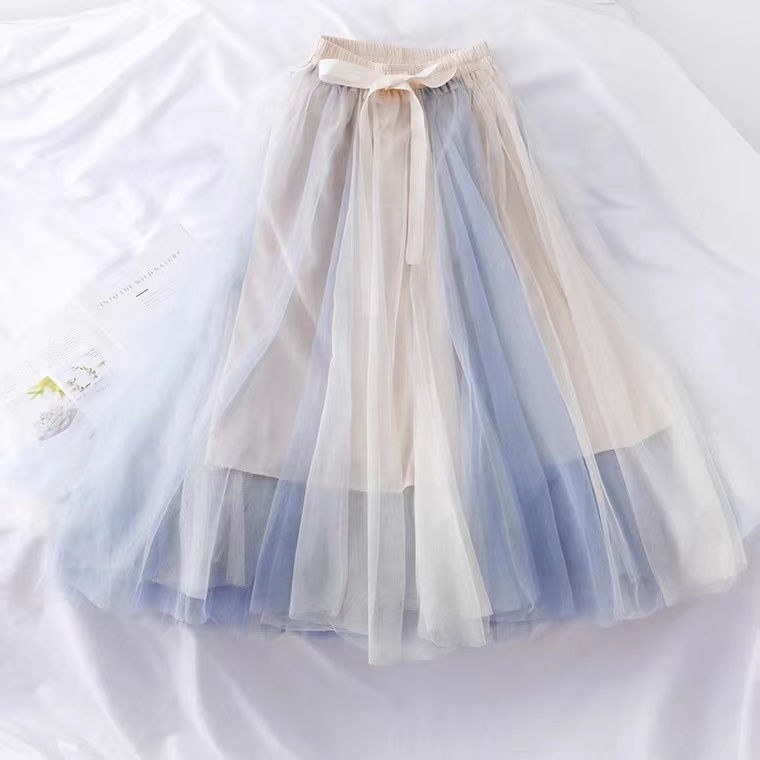 Super fairy, bow tie, high waist slim mesh bouffant skirt, color matching medium length skirt