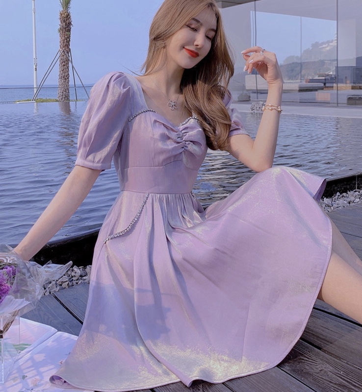 French Bubble Sleeve Purple Dress, Summer Temperament Fairy Dress