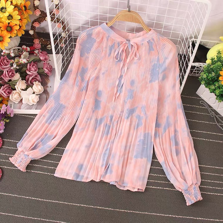Spring And Summer , Sweet, Small Fresh, Stand Collar, Tie Bow Chiffon Blouse, Bubble Sleeve, Loose, Print Top