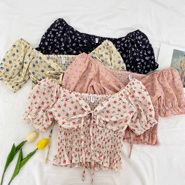 Summer, Stylish, V-neck, Floral Tie Bow, Loose Waist Short Top
