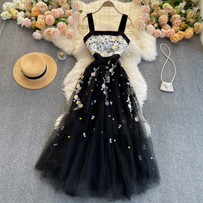 Heavy Embroidery, Spaghetti Strap Prom Dress, Plastered Big Swing Bouffant Dress,Black Party Dress