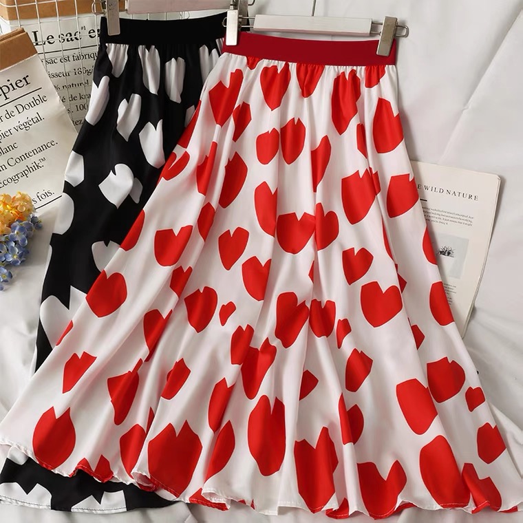 Sweet Wind, Heart Print Mid-length Skirt, High Waist Thin A-line Skirt