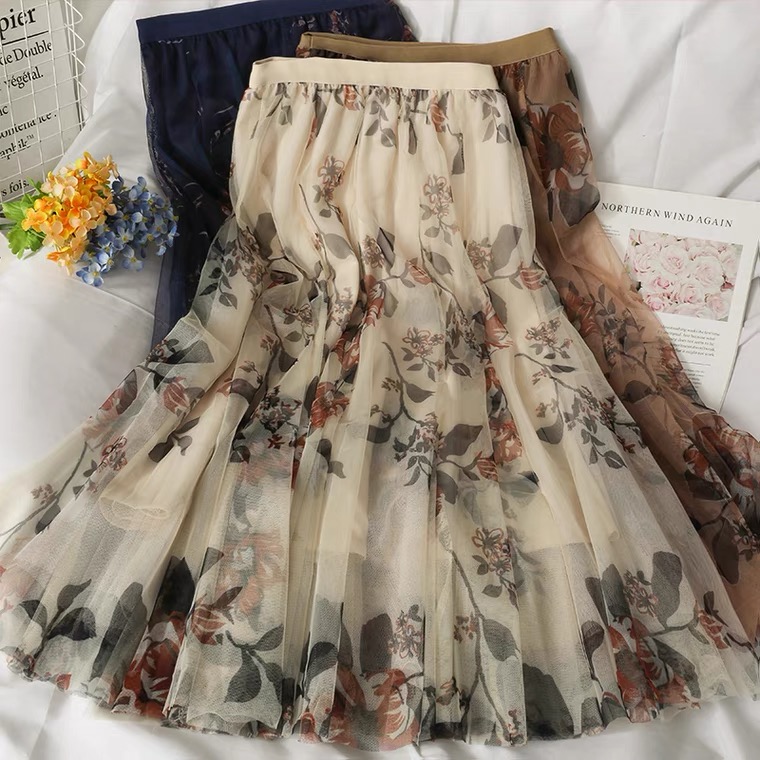 Summer, Vintage, Printed Tulle Midi Skirt, High Waist Skirt, Temperament Fairy Gauze Skirt