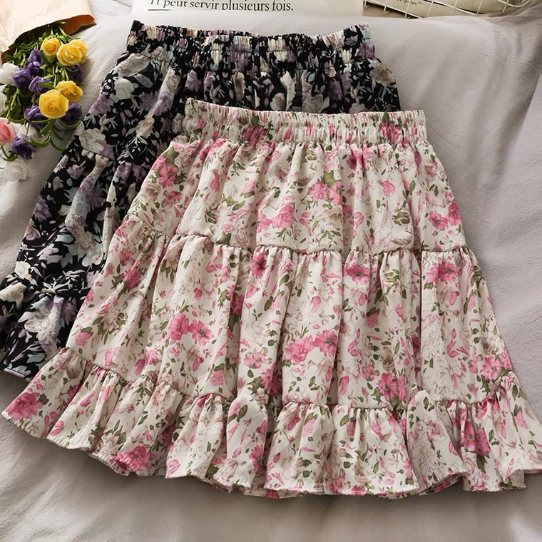 Vintage, Sweet Wind, Floral Flounce Patchwork Skirt, High-waisted Mini Skirt