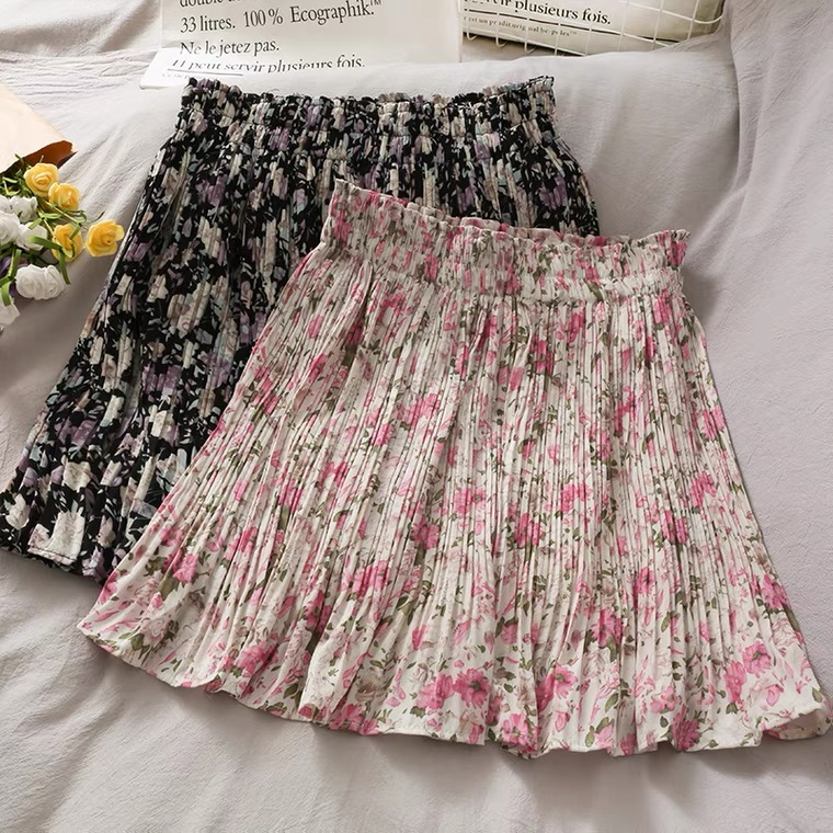 Vintage, Elasticated Waist, Print Pleated Skirt, Floral Short Skirt