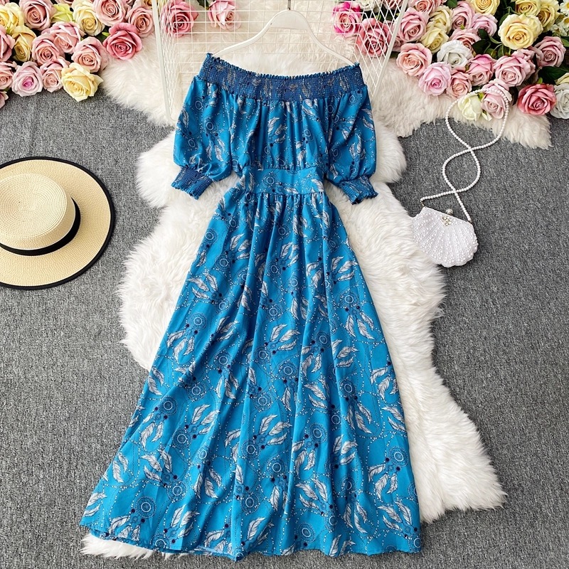 Chiffon Floral Dress, Off-the-shoulder , Vintage, Full-length Dress