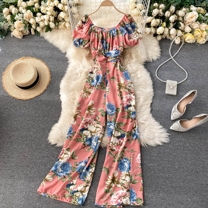 Off Shoulder, Puffing Sleeves, Waist Tucked , Holiday Printed Wide-leg Pants, Stylish Jumpsuit