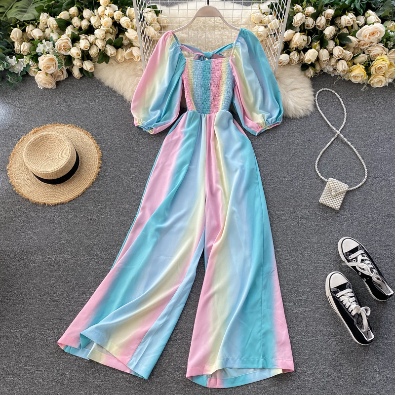 Vacation Style Jumpsuit, Rainbow Color Gradient, Sweet, Bubble Sleeves, Tight Waist Wide Leg Pants