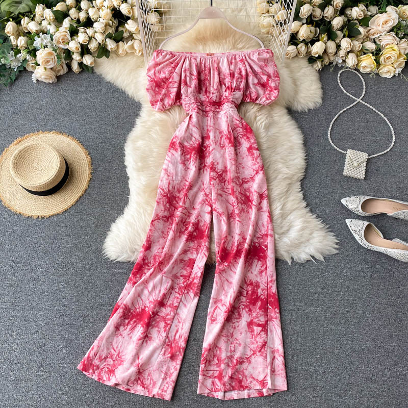 Off-shoulder, Puffy Sleeves, Pleated Waist, Vacation Jumpsuit, Printed Wide-leg Pants
