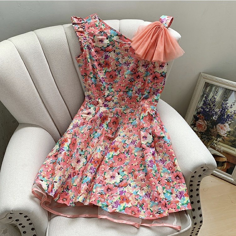Holiday Style, Sweet, Fresh Floral Dress, One Shoulder Cotton Full-length Dress