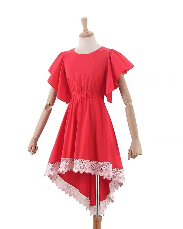 High Low Dress, Lotus Leaf Short Sleeves Red Dress, Lace Patchwork Dress