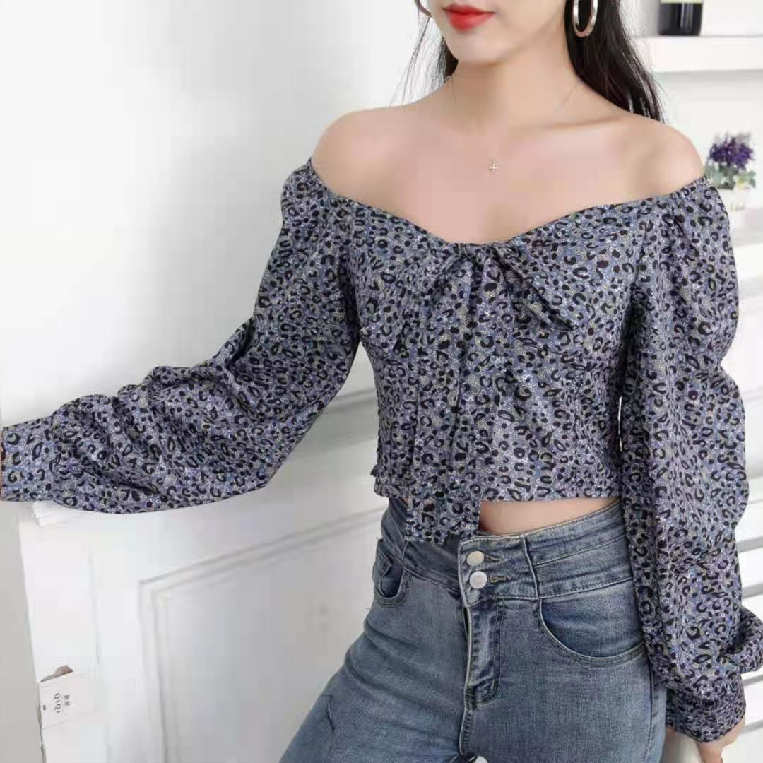 Spring/summer, Bow Tie Long Sleeve Shirt, Loose, Stylish, Leopard Print Puffy Sleeve Short Top