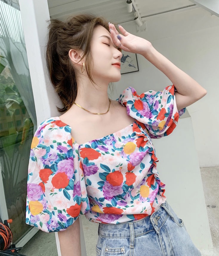 Flower Bubble Sleeve ,french Square Collar Shirt, Hyun Off Shoulder Short Crop Top