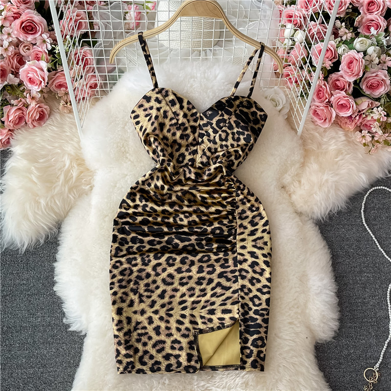Sexy Halter Dress, Temperament Wrap Butt Dress, Deep V-neck, Leopard Printed, Split Dress