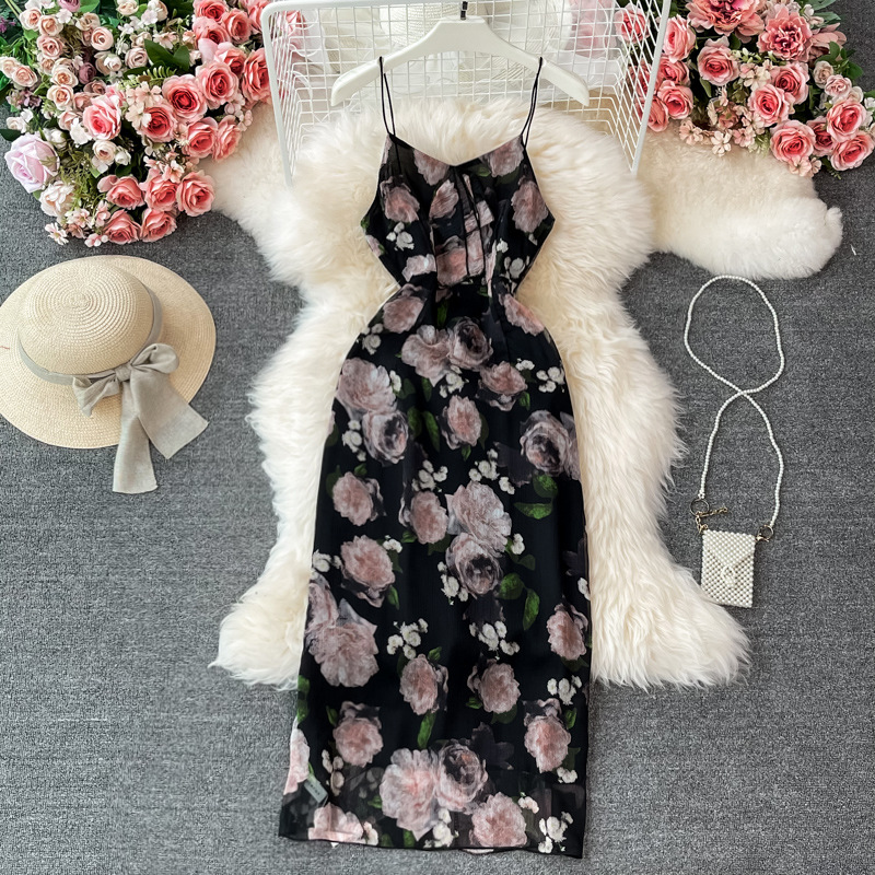 Split Flower Dress , Temperament,vintage, Sexy Halter Dress