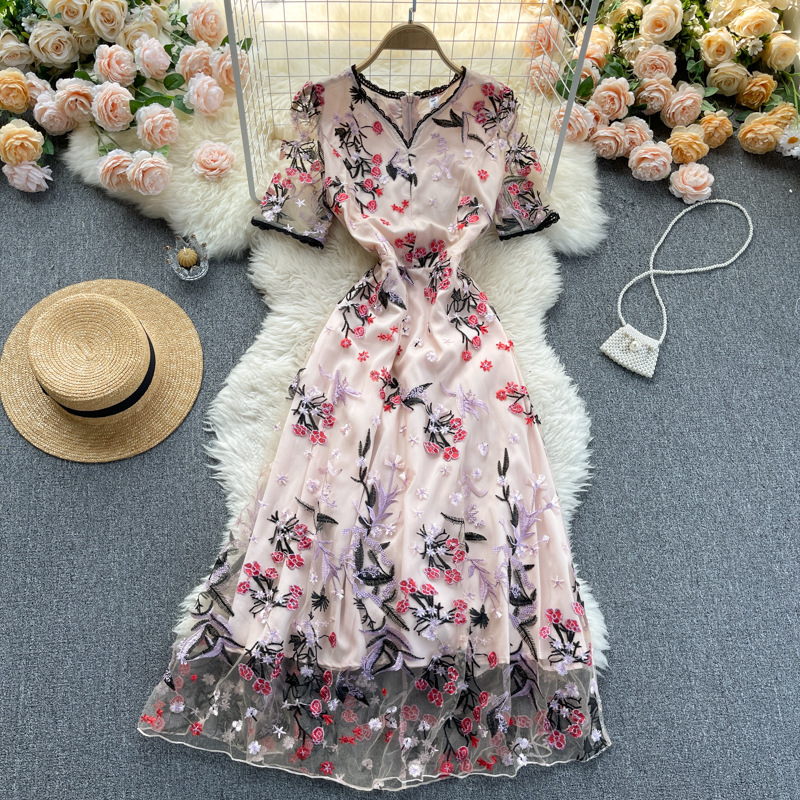 Vintage, Fashion, Heavy Embroidery, V-neck, Hollow Out, Short Sleeves Dress