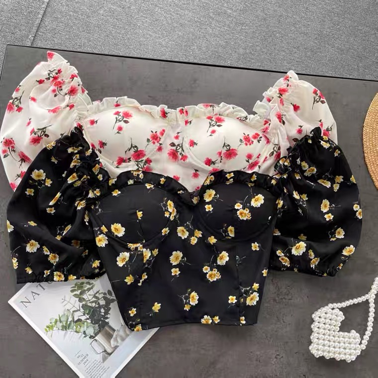 Sweet Top, With Chest Pad, Off Shoulder Crop Top, Floral Chiffon Top