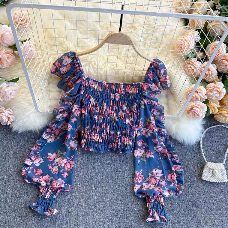 Flower Chiffon Top, Square Neck, Stretch Puffed Sleeves Crop Top