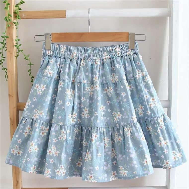 Floral Skirt, Cotton And Linen, Small Fresh, Preppy Style, High Waist Pleated Skirt