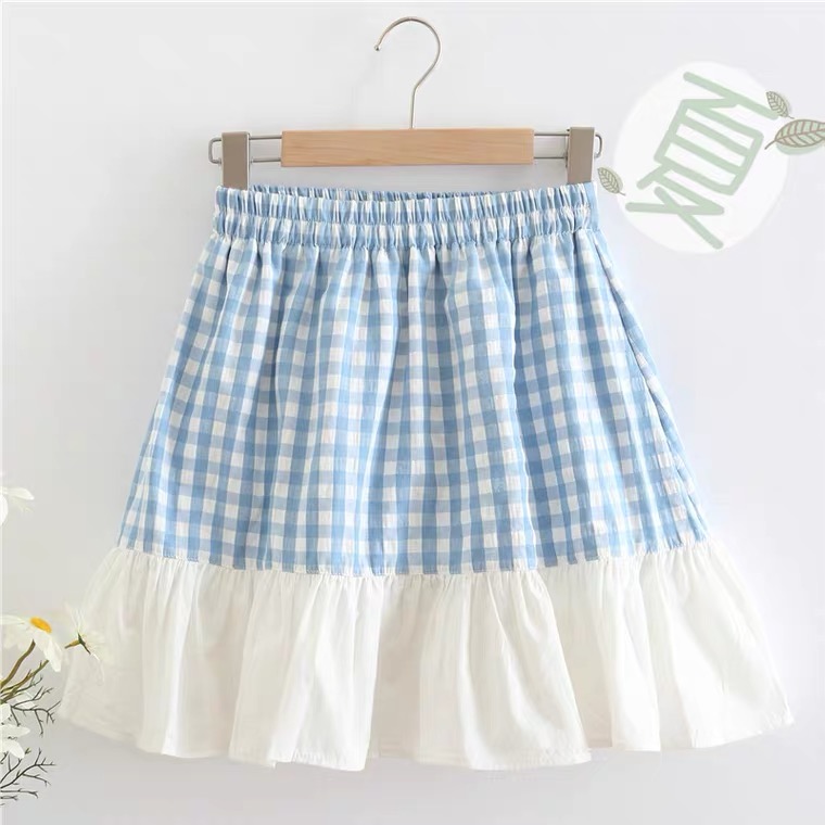Light Blue Plaid Flounces A-line Skirt, Summer, High Waisted Skirt For Students