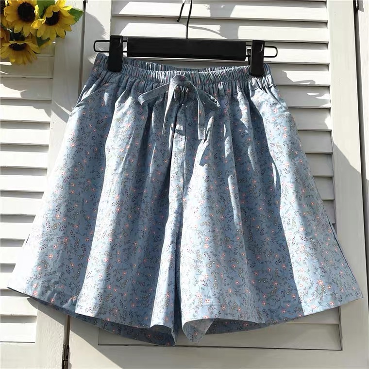 High Waist Floral Shorts, Cotton And Linen, Loose, Versatile A-line Culottes, Pocket Cotton Wide Legs