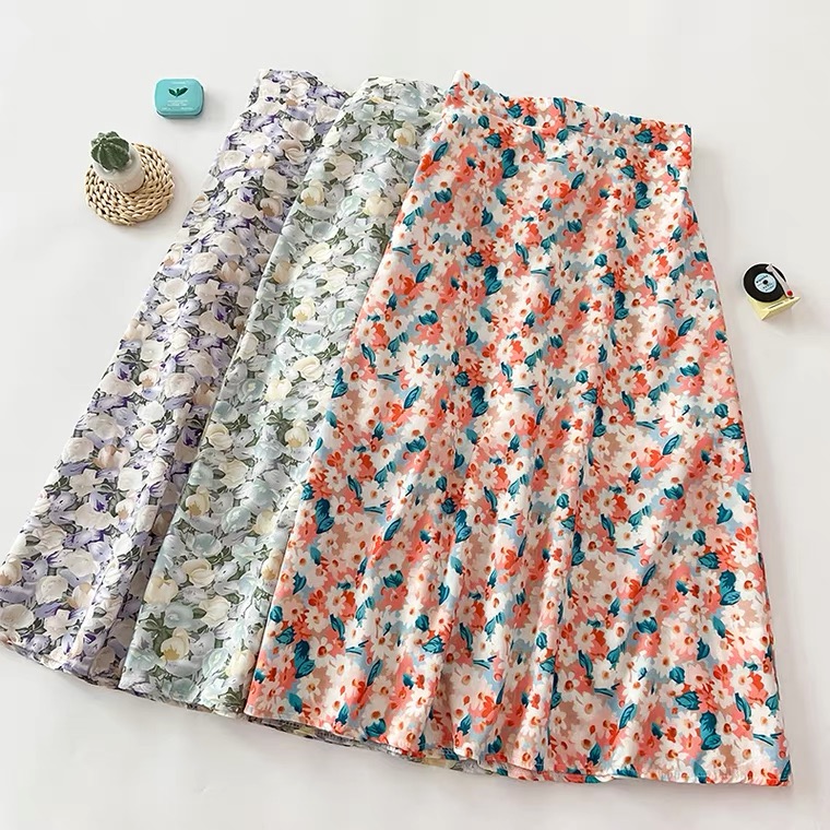 Chiffon Floral A-line Skirt, Midi High-waisted Skirt