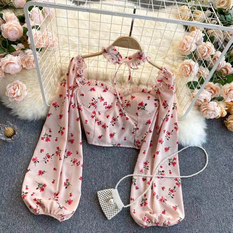 Sweet, Floral, Puffy Sleeves, Short Crop Top, Ear Edge, Neck Tie Chiffon Blouse
