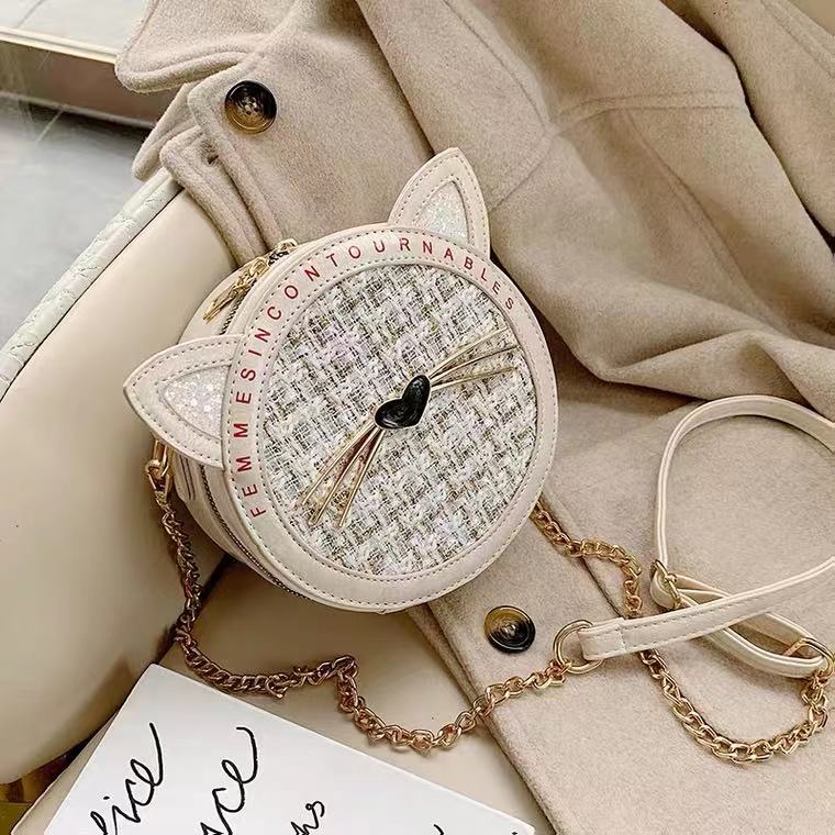Fashion, Chain Cat Small Round Bag, Versatile One Shoulder Bag