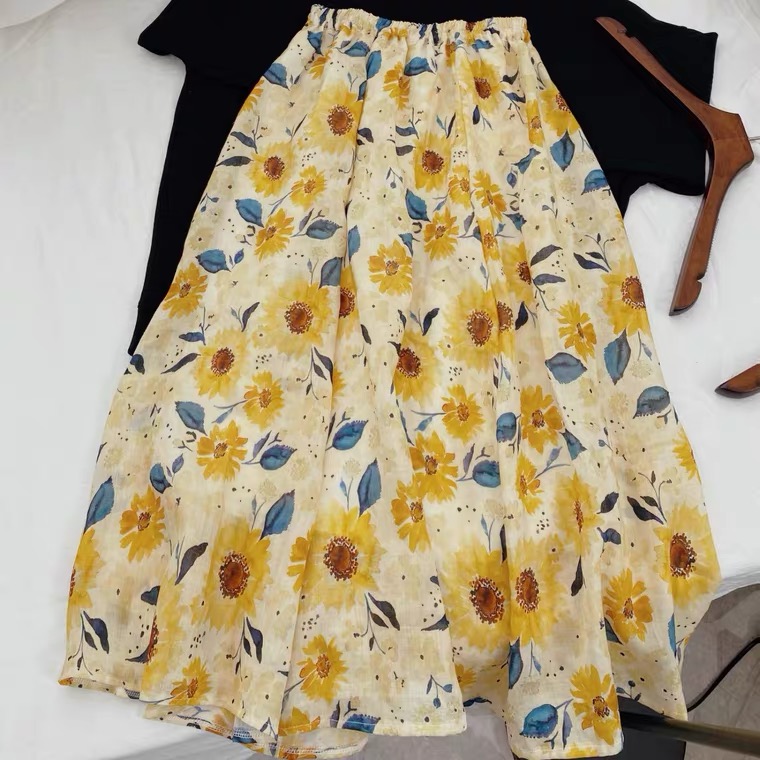 Summer, High Grade Dyeing, Sunflower Worsted, Natural Ramie, A-line Long Skirt