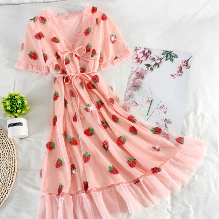Summer, Pink Mesh, Strawberry Sequins, Flounce Lace, Short Sleeve V-neck Holiday Midi Dress