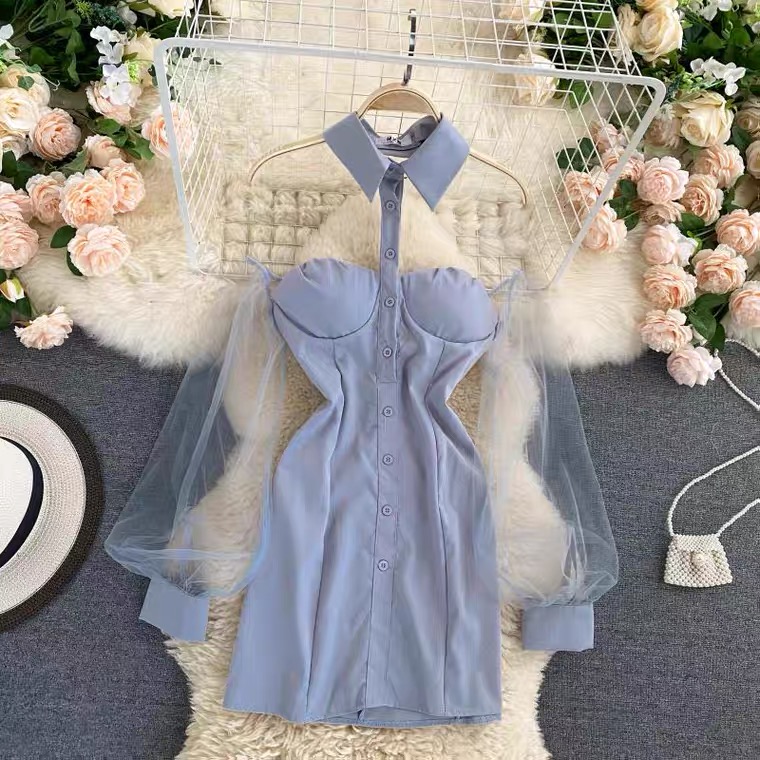 Hollow, Lapel, Mesh, Puff Sleeves, Sexy Three-dimensional Breast Dress