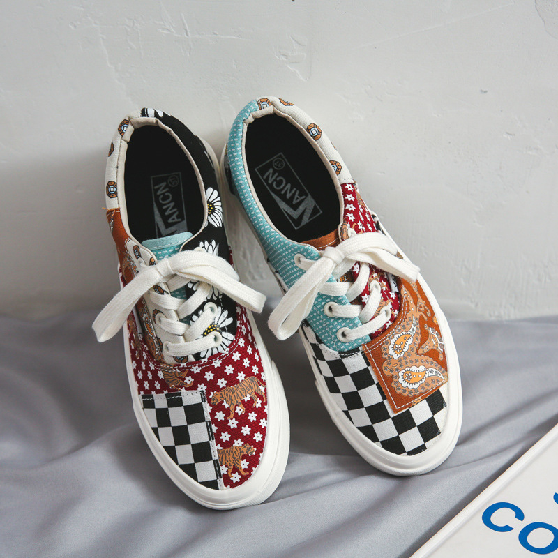 Black And White Checkerboard Plaid, Stitching Canvas Shoes, Men And Women's Low Top, All-match, Couples Board Shoes
