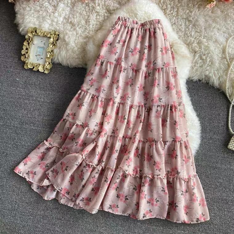 Elastic-waist Floral Chiffon Skirt, All-match Sweet Long Skirt, High Waist Fairy A-line Big Swing Long Skirt