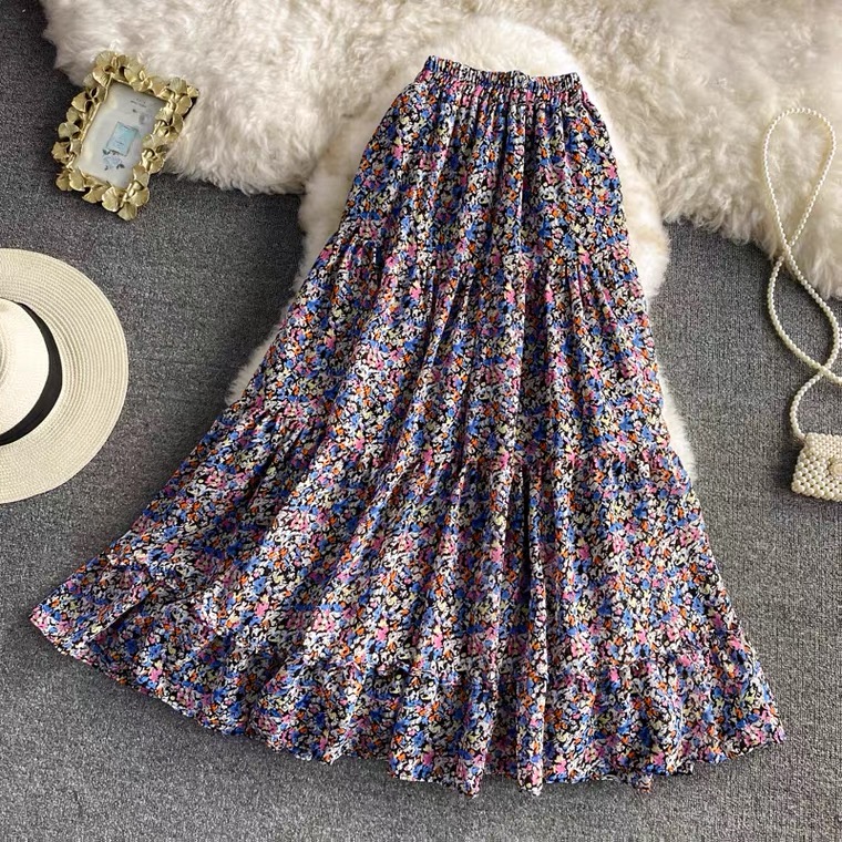 High Waist, Elastic Waist A-line Vintage Chiffon Skirt, Floral Splicing Midi Skirt