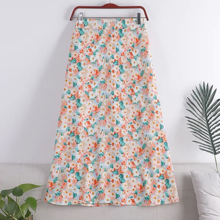 Small Daisy Chiffon Print A-line Skirt, High Waist Full Skirt, Mid-length Skirt