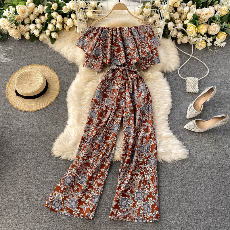 Flounces, Off Shoulder, Sexy Holiday Style Floral Jumpsuit, Goddess Style, Stylish Wide-leg Pants