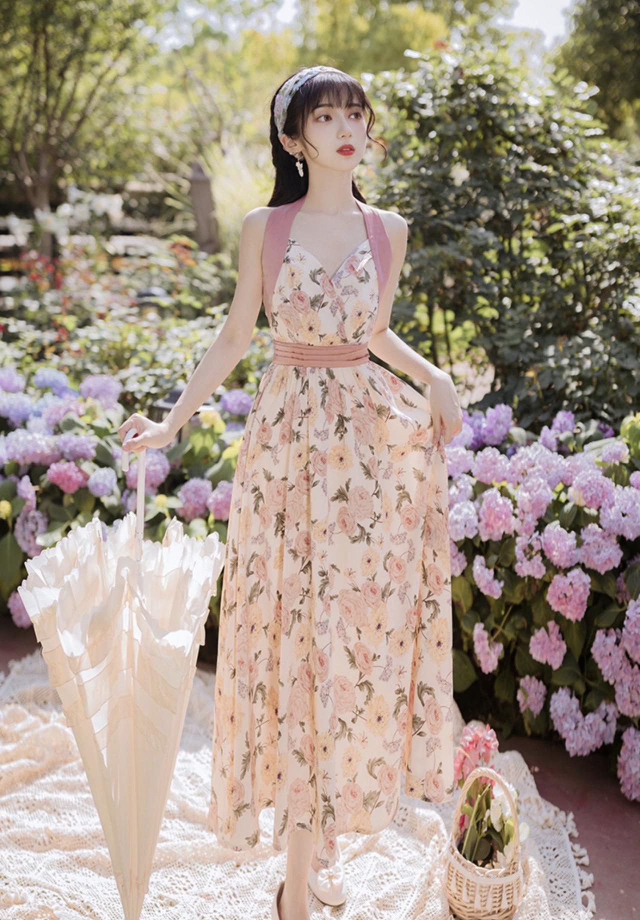 Oil Painting Halter Dress,vintage Print Dress, V-neck Floral Dress