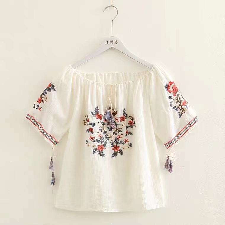 Heavy Flower Embroidered Cotton Shirt, Tassel Tie, Short Sleeved White Shirt