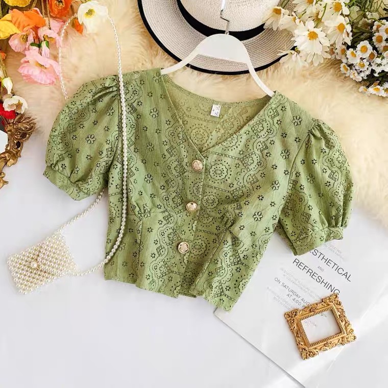 V-neck Hollow-out Lace Top, Short-sleeved Fairy Lady Blouse