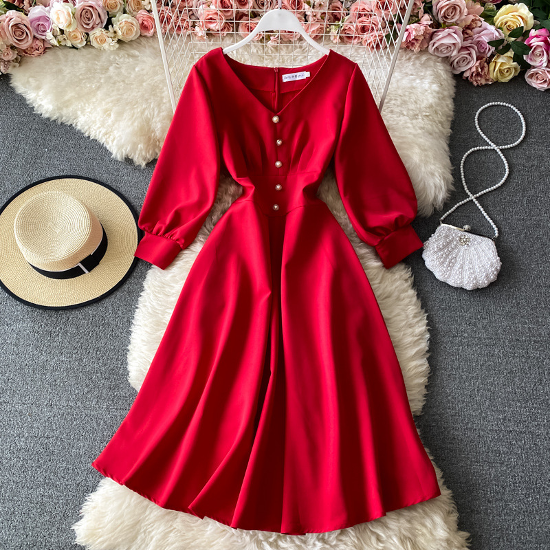 Red/balck V-neck A-line Dress, Vintage Evening Dress
