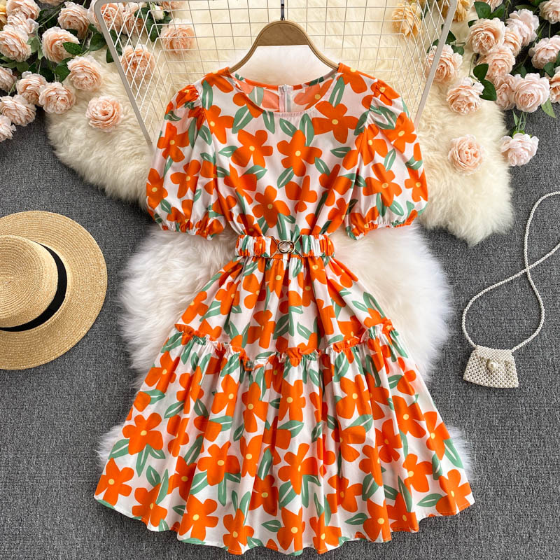 Summer Dress, Bubble Sleeve Slim Short Sweet Dress, Printed Holiday Dress