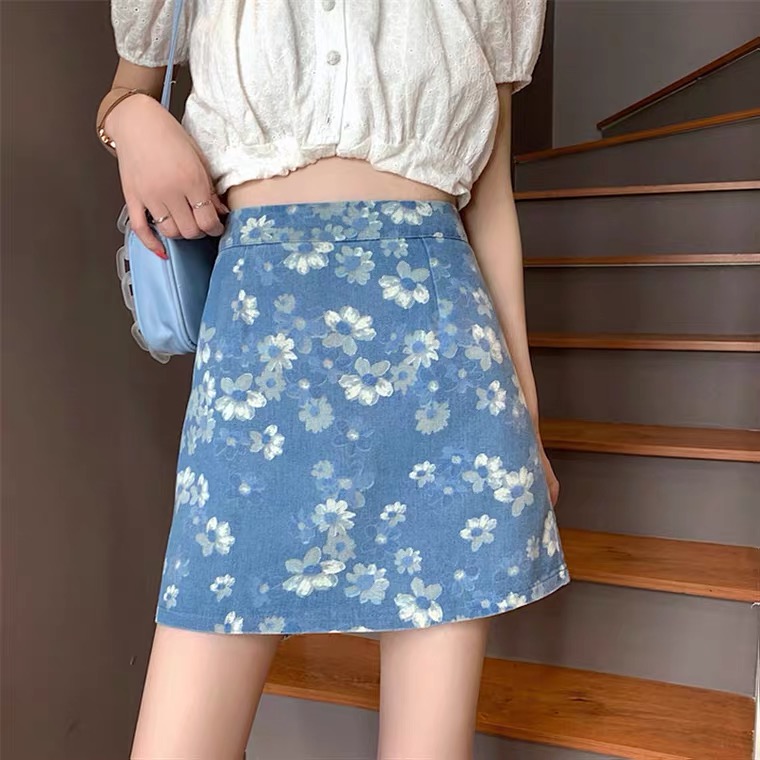 Flower Denim Skirt, High Waist Bodycon Skirt, A-line Skirt
