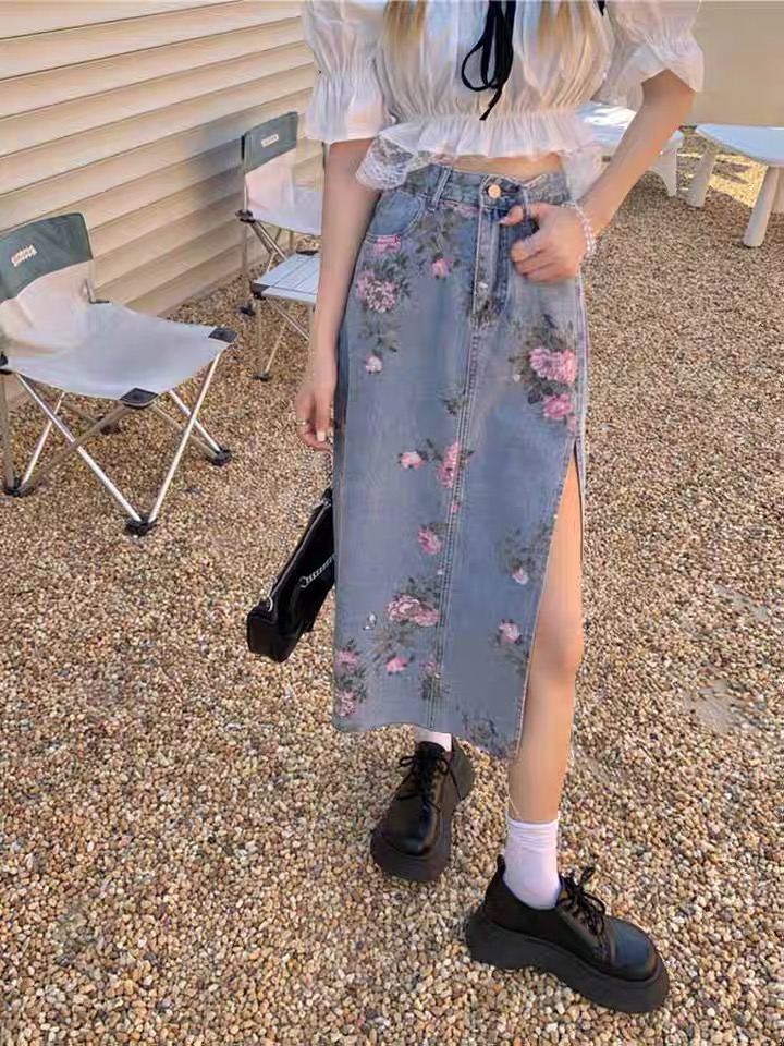 Denim Skirt, Mid-length A-line Skirt With Floral Split