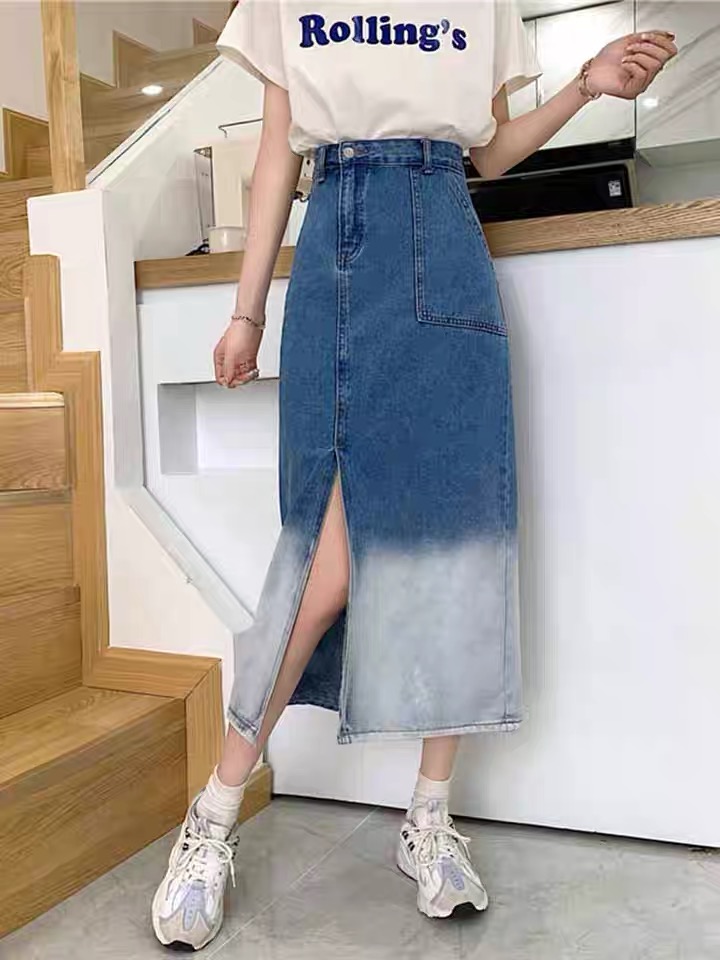 Irregular Gradient Denim Skirt, High Waist Slit Medium Long Skirt