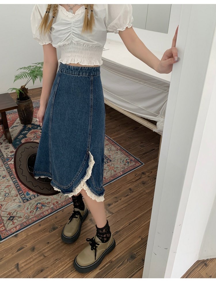 High Waist Irregular Slit Denim Skirt, Lace Hem A-line Skirt on Luulla