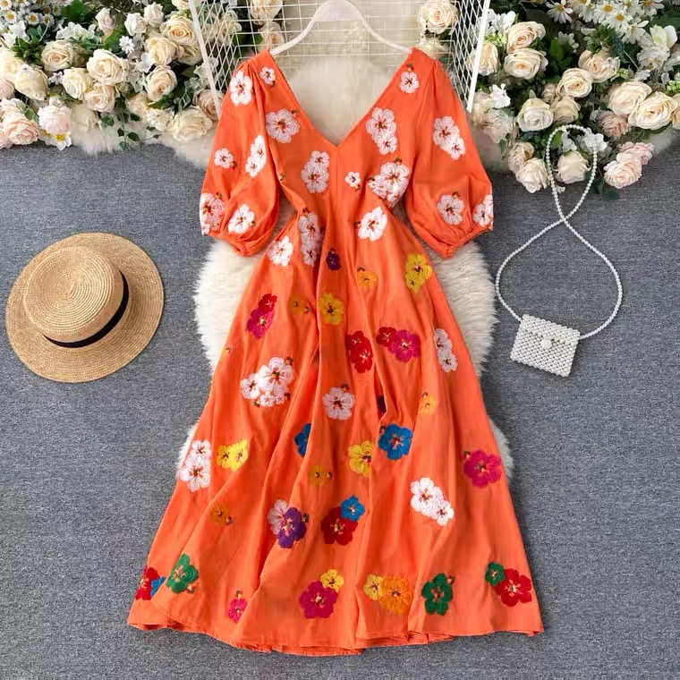 Little Fresh Dress, Colorful Embroidery, Flowery Puffy Sleeve Midi Dress