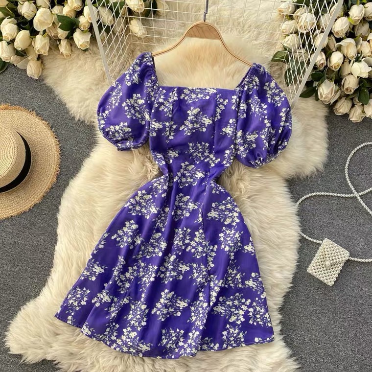 Little Fresh Chiffon Floral Mini Dress, Square Neck, Bubble Short Sleeves Waist Dress